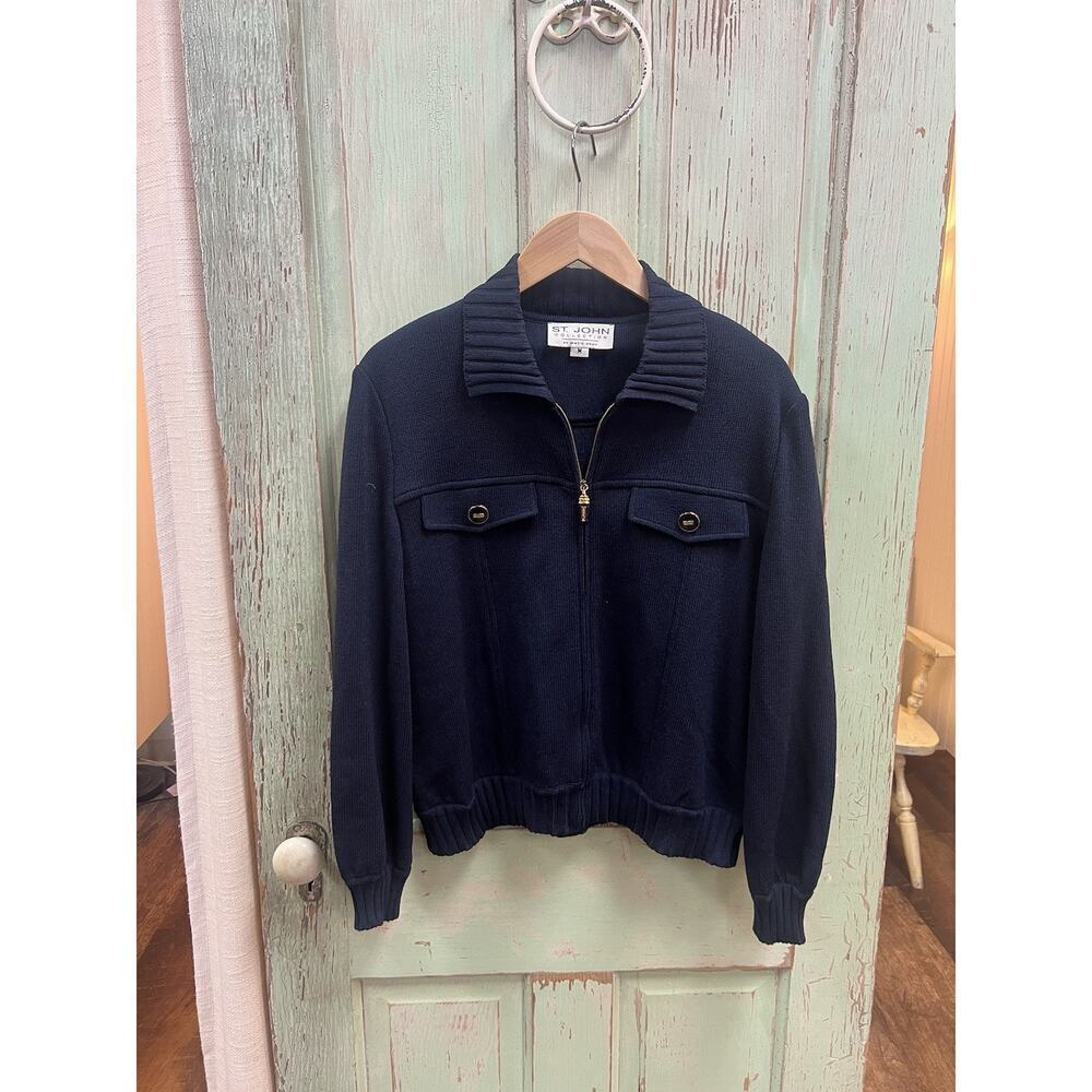 St John Wool Blue Santana Knit Zip Front Jacket Cardigan Size M Worn once